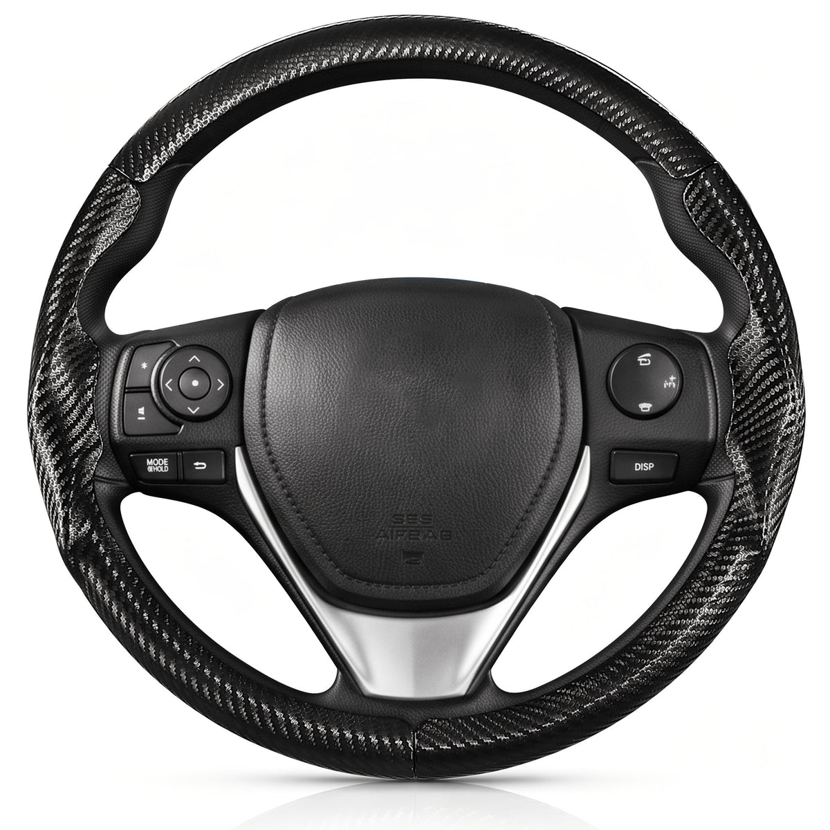 Front view of matte black carbon-fiber-style 3-piece steering wheel cover for Toyota Corolla 2014-2019#color=matte black