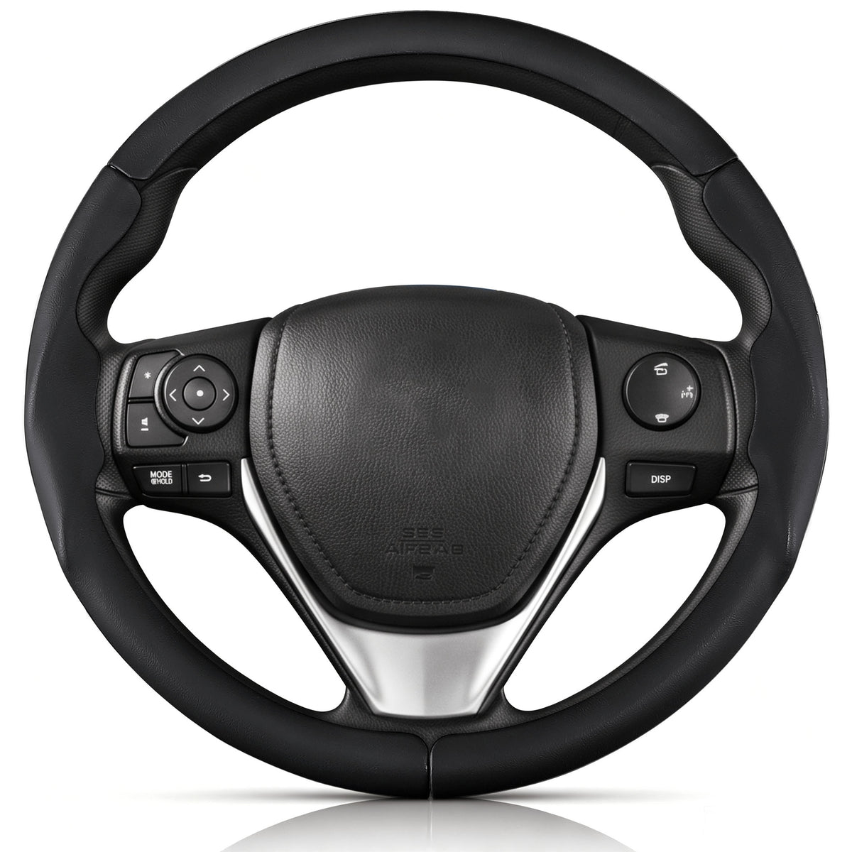 Front view of black leather 3-piece steering wheel cover for Toyota Corolla 2014-2019#color=black leather