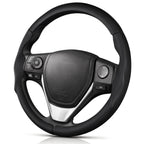 Angled front view of black leather 3-piece steering wheel cover for Toyota Corolla 2014-2019#color=black leather