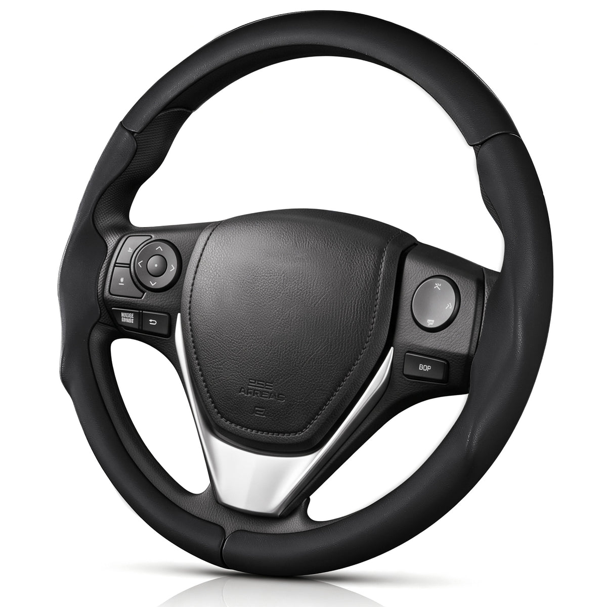 Angled front view of black leather 3-piece steering wheel cover for Toyota Corolla 2014-2019#color=black leather