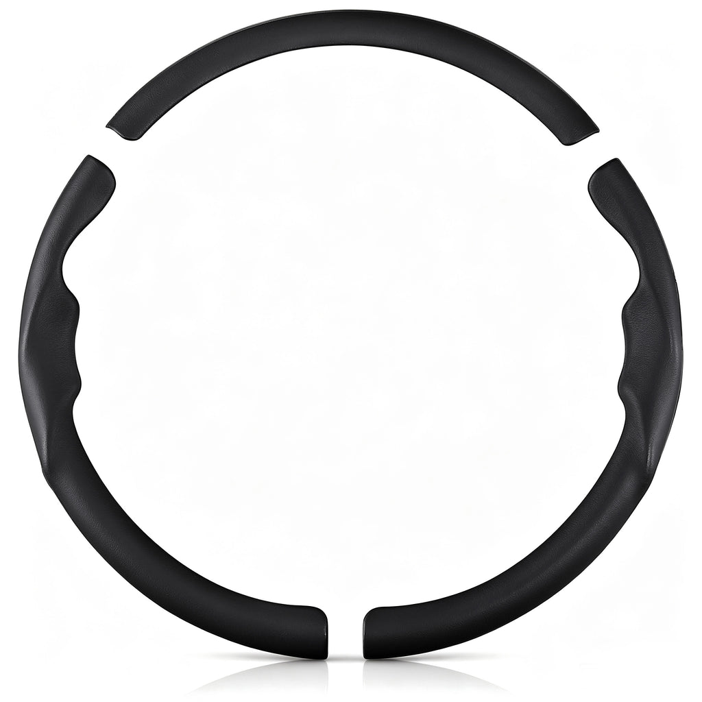 Front view of a black leather 3-piece steering wheel cover set for Toyota Corolla 2014-2019#color=black leather