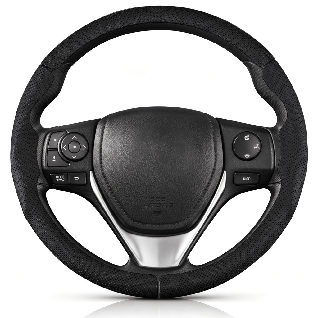 Front view of black perforated leather 3-piece steering wheel cover for Toyota Corolla 2014-2019#color=black perforated leather