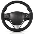 Front view of black perforated leather 3-piece steering wheel cover for Toyota Corolla 2014-2019#color=black perforated leather