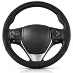 Front view of black perforated leather 3-piece steering wheel cover for Toyota Corolla 2014-2019#color=black perforated leather