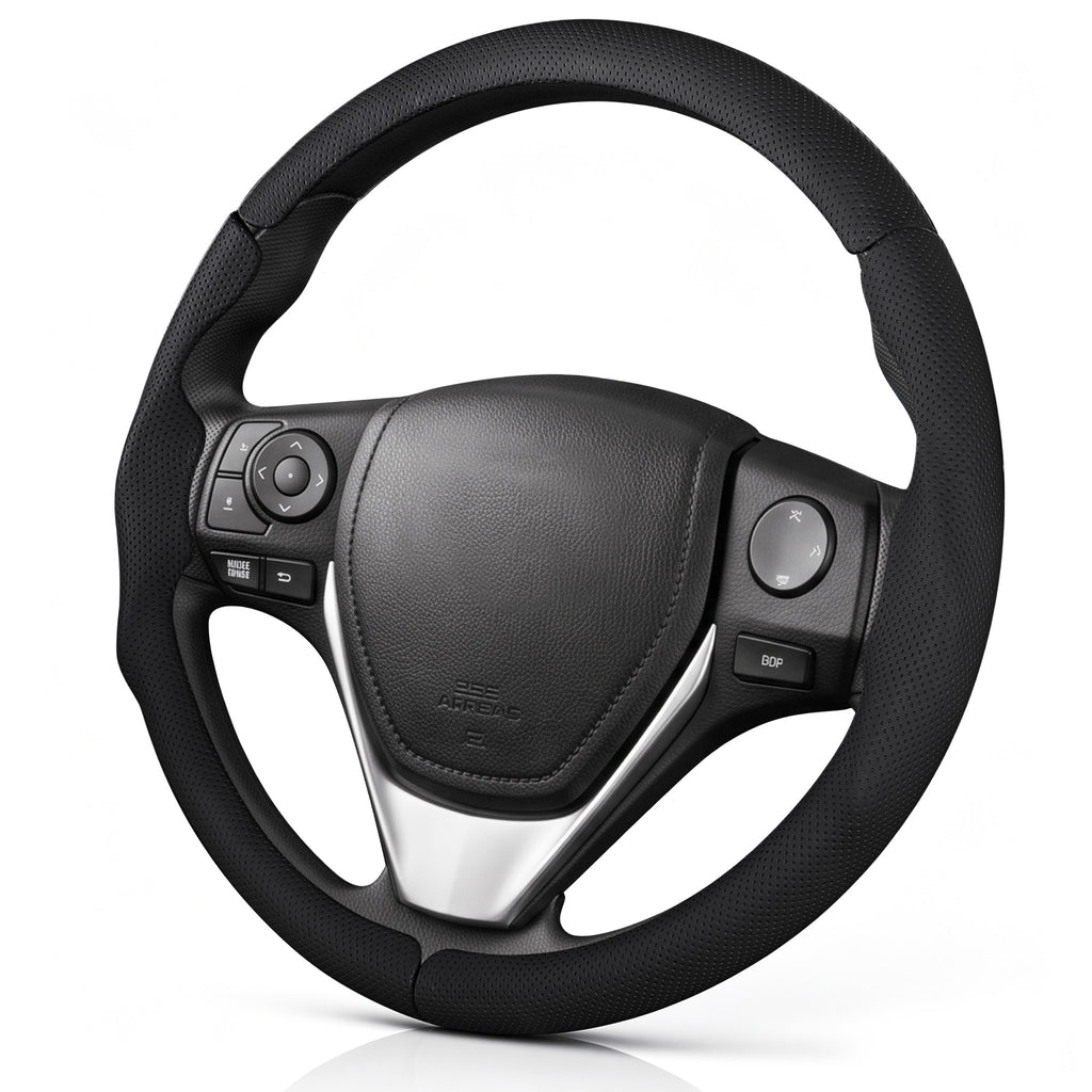 Angled front view of black perforated leather 3-piece steering wheel cover for Toyota Corolla 2014-2019#color=black perforated leather