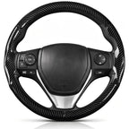 Front view of glossy black carbon-fiber-style 3-piece steering wheel cover for Toyota RAV4 2013-2018#color=glossy black
