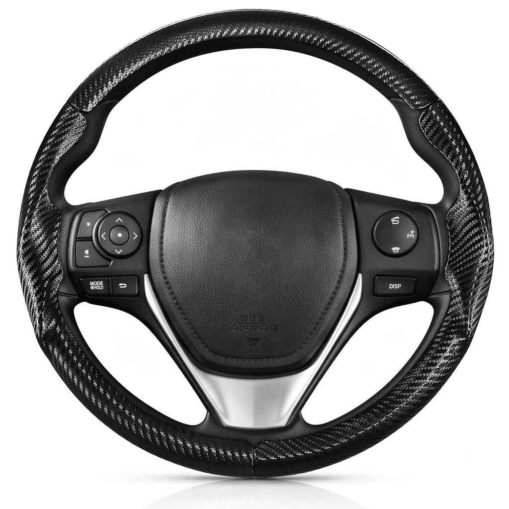 Front view of matte black carbon-fiber-style 3-piece steering wheel cover for Toyota RAV4 2013-2018#color=matte black