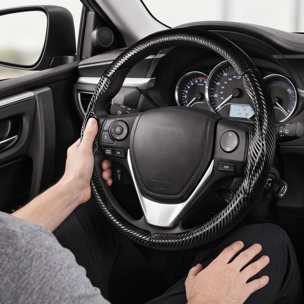 Installed view of matte black carbon-fiber-style 3-piece steering wheel cover for Toyota RAV4 2013-2018 with driver holding the wheel#color=matte black