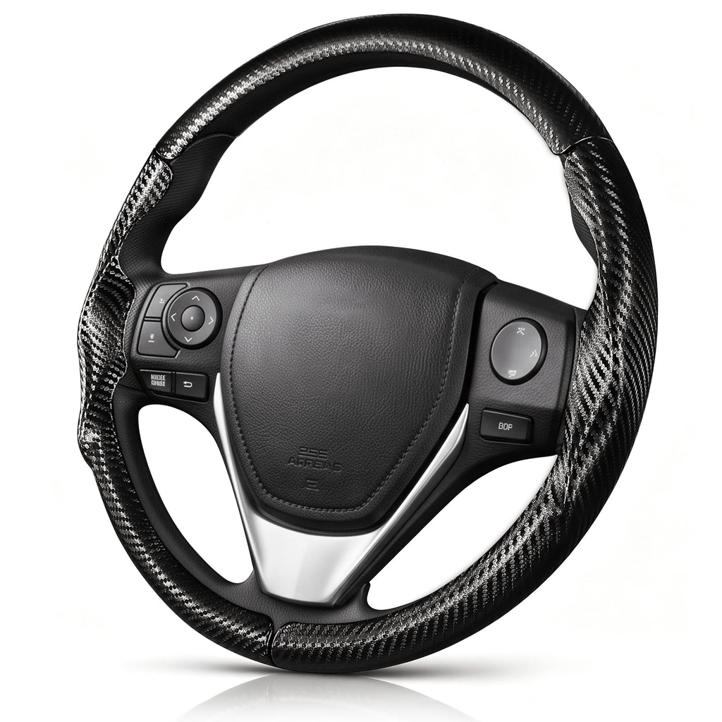 Angled front view of matte black carbon-fiber-style 3-piece steering wheel cover for Toyota RAV4 2013-2018#color=matte black