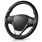 Angled front view of matte black carbon-fiber-style 3-piece steering wheel cover for Toyota RAV4 2013-2018#color=matte black