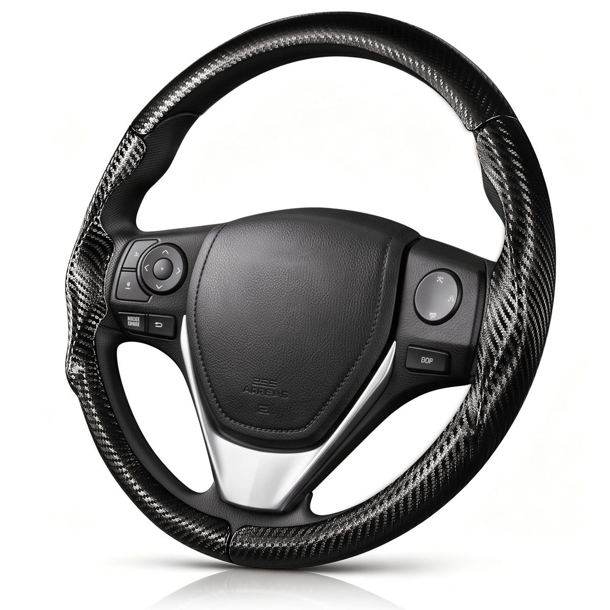Angled front view of matte black carbon-fiber-style 3-piece steering wheel cover for Toyota RAV4 2013-2018#color=matte black