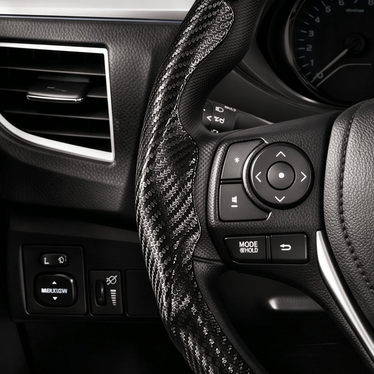 Close-up of a matte black carbon-fiber-style 3-piece steering wheel cover for Ford Toyota RAV4 2013-2018, showing its ergonomic 3D contours and precise custom fit