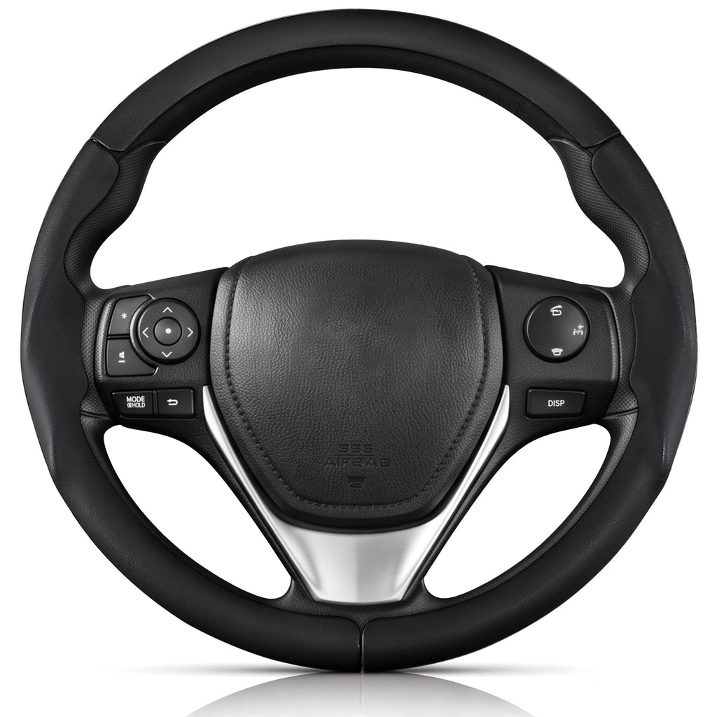 Front view of black leather 3-piece steering wheel cover for Toyota RAV4 2013-2018#color=black leather