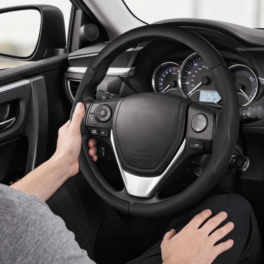 Installed view of black leather 3-piece steering wheel cover for Toyota RAV4 2013-2018 with driver holding the wheel#color=black leather