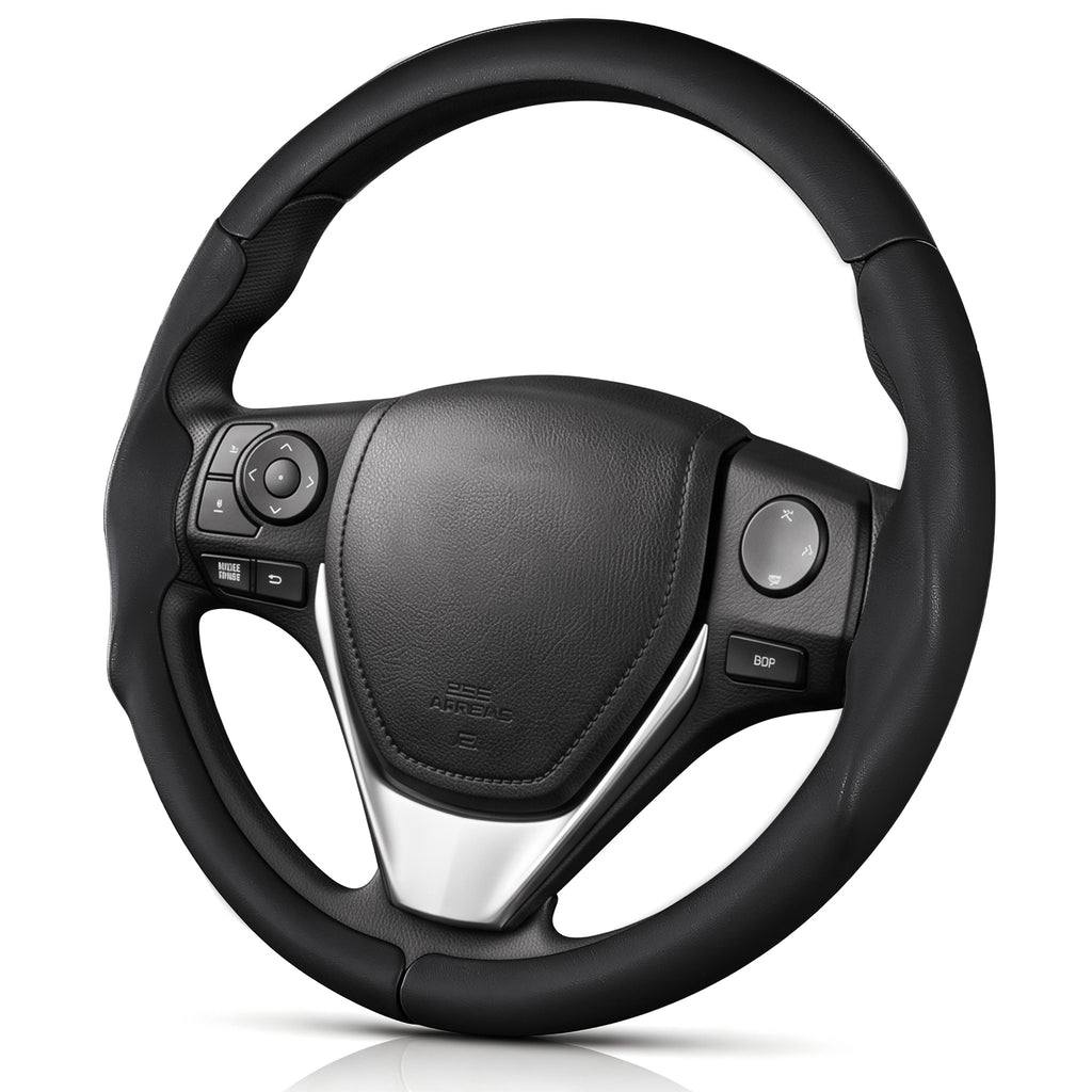 Angled front view of black leather 3-piece steering wheel cover for Toyota RAV4 2013-2018#color=black leather