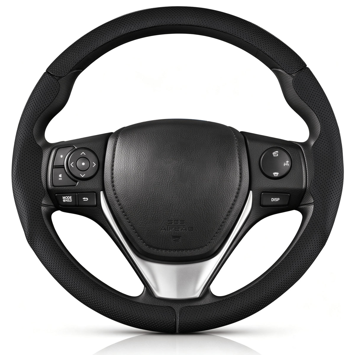 Front view of black perforated leather 3-piece steering wheel cover for Toyota RAV4 2013-2018#color=black perforated leather