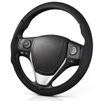 Angled front view of black perforated leather 3-piece steering wheel cover for Toyota RAV4 2013-2018#color=black perforated leather