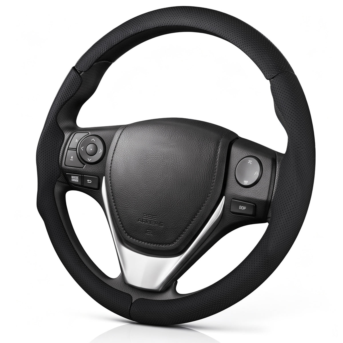 Angled front view of black perforated leather 3-piece steering wheel cover for Toyota RAV4 2013-2018#color=black perforated leather