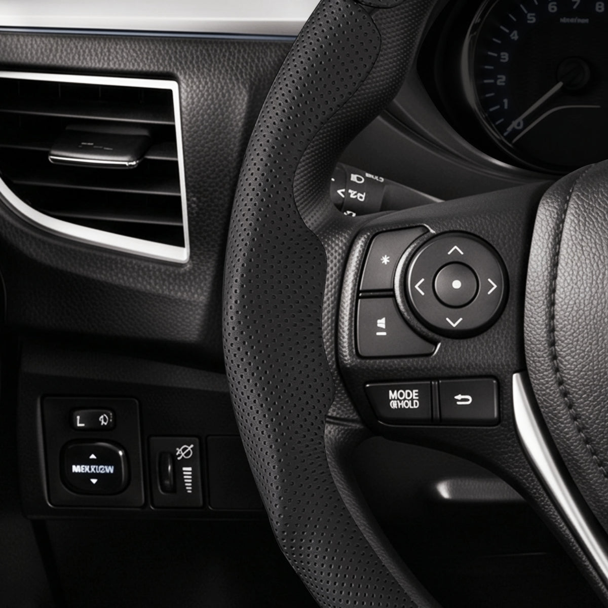 Close-up of a black perforated leather 3-piece steering wheel cover for Ford Toyota RAV4 2013-2018, showing its ergonomic 3D contours and precise custom fit