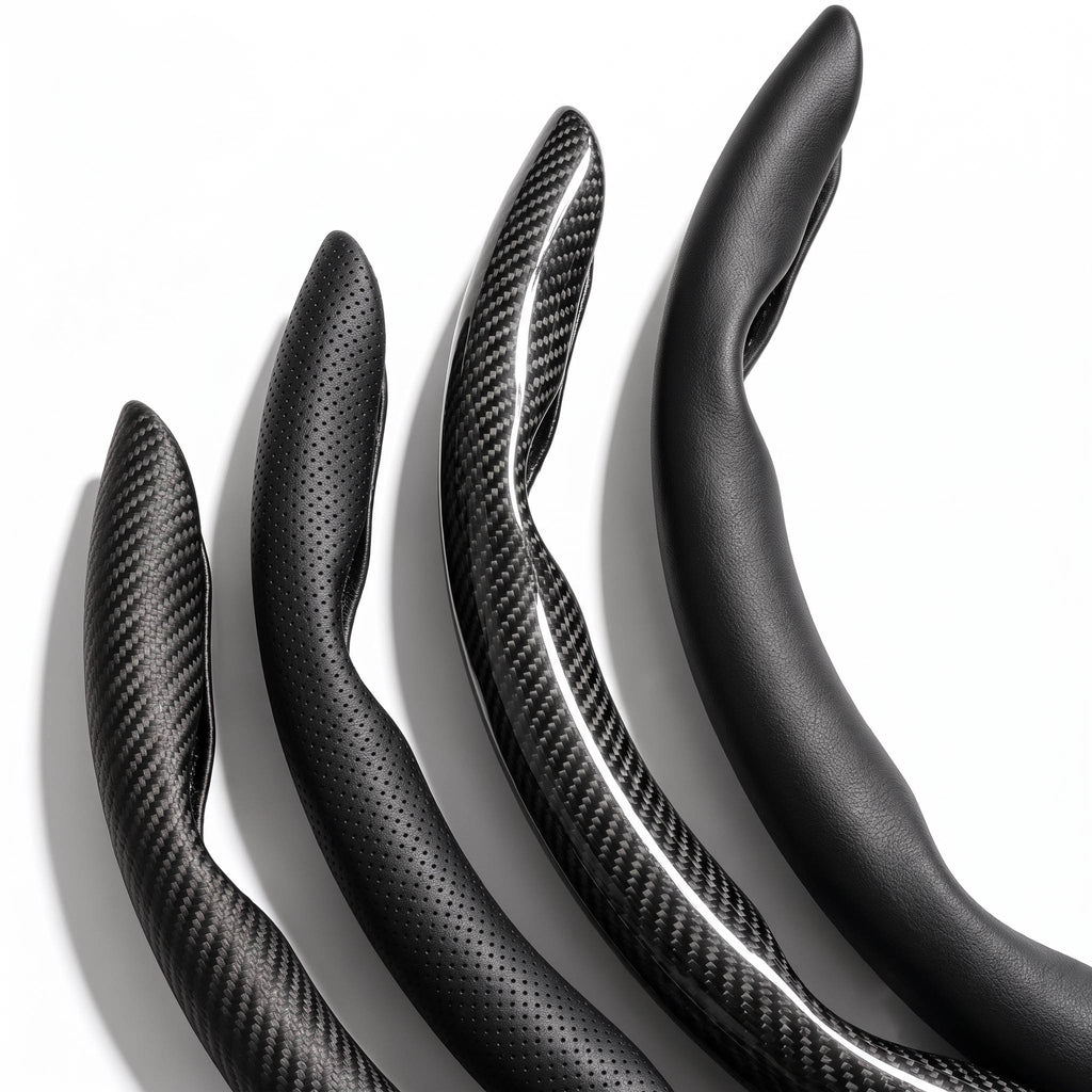 Close-up comparison of matte black carbon-fiber-style and black carbon-fiber-style 3-piece steering wheel cover finishes for 14.5-15 Inch Wheels#color=black