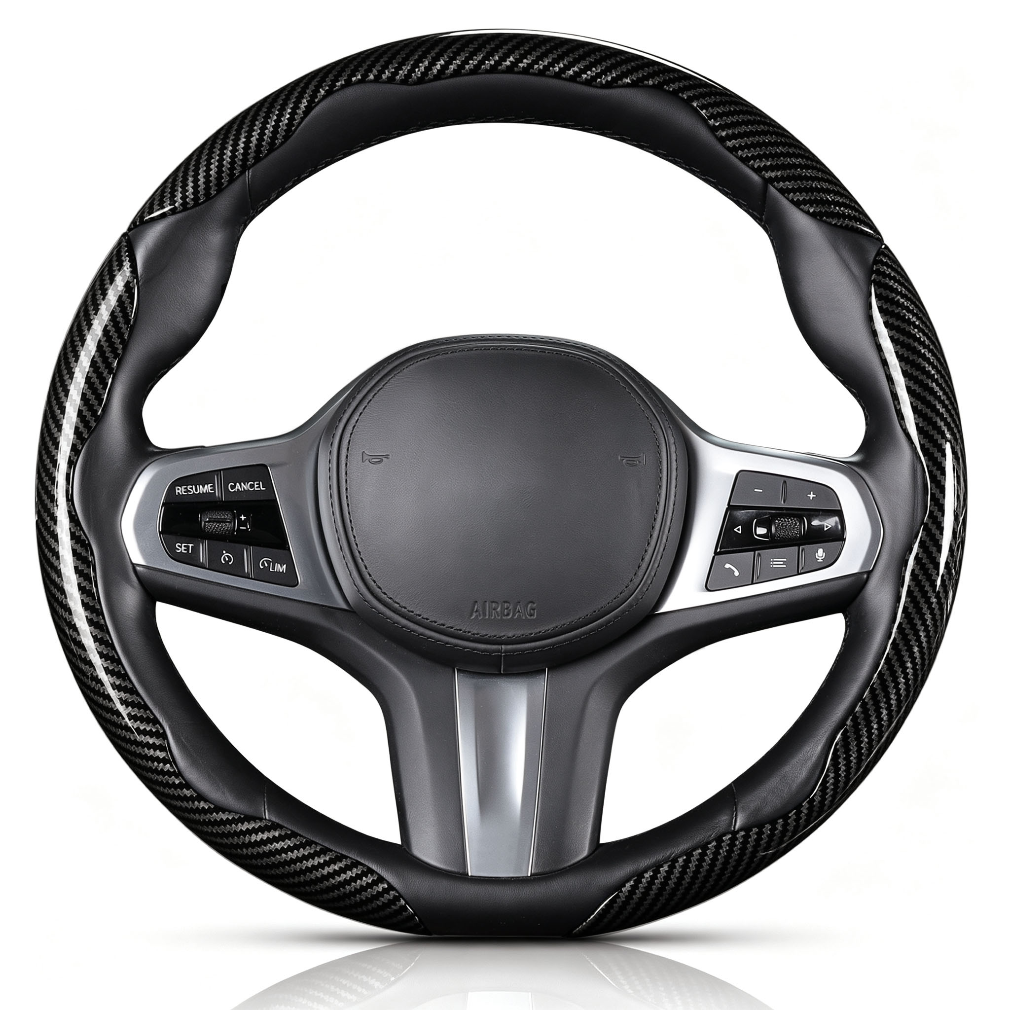 Front view of glossy black carbon-fiber-style 3-piece steering wheel cover for 14.5-15 Inch Wheels#color=glossy black