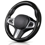 Angled front view of glossy black carbon-fiber-style 3-piece steering wheel cover for 14.5-15 Inch Wheels#color=glossy black