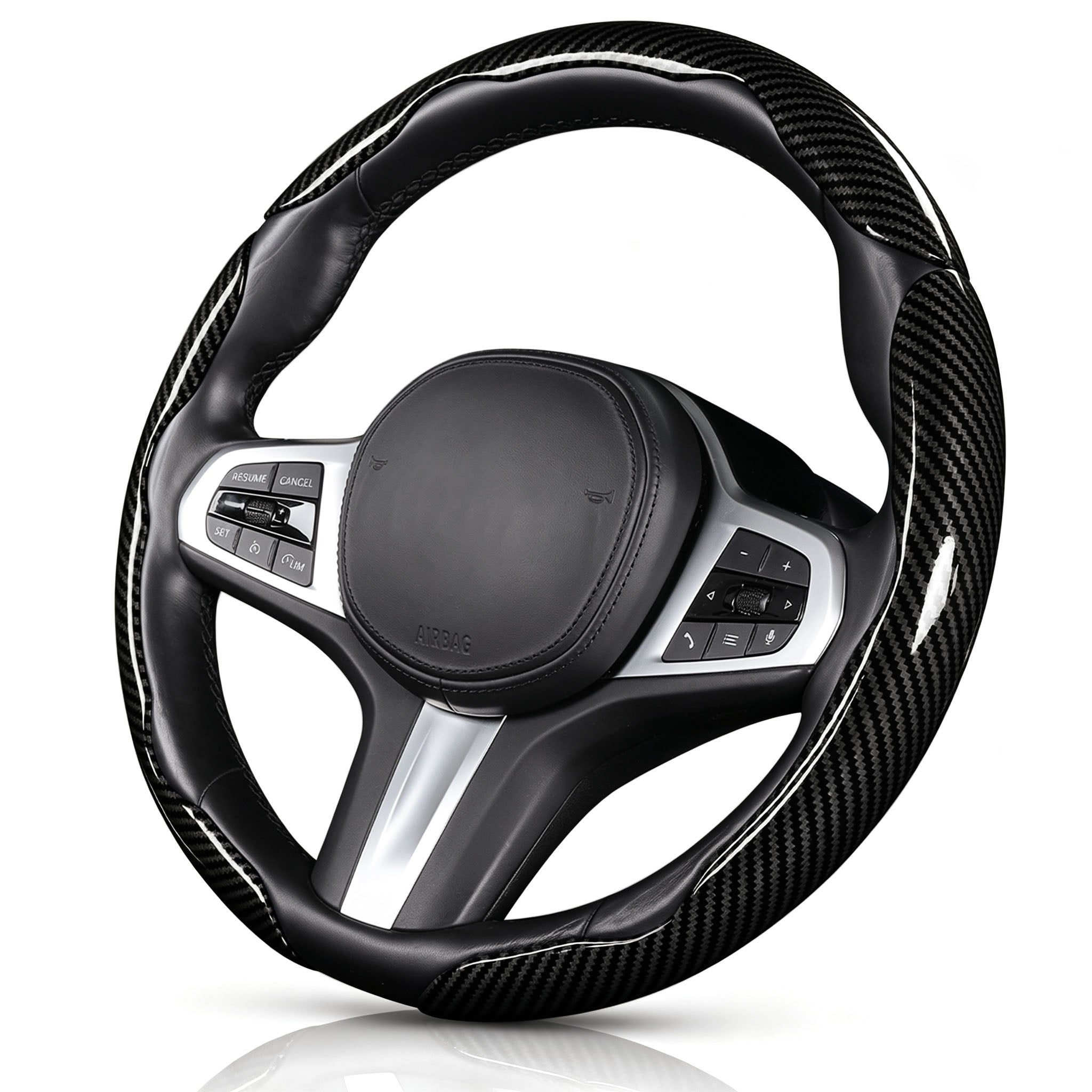 Angled front view of glossy black carbon-fiber-style 3-piece steering wheel cover for 14.5-15 Inch Wheels#color=glossy black