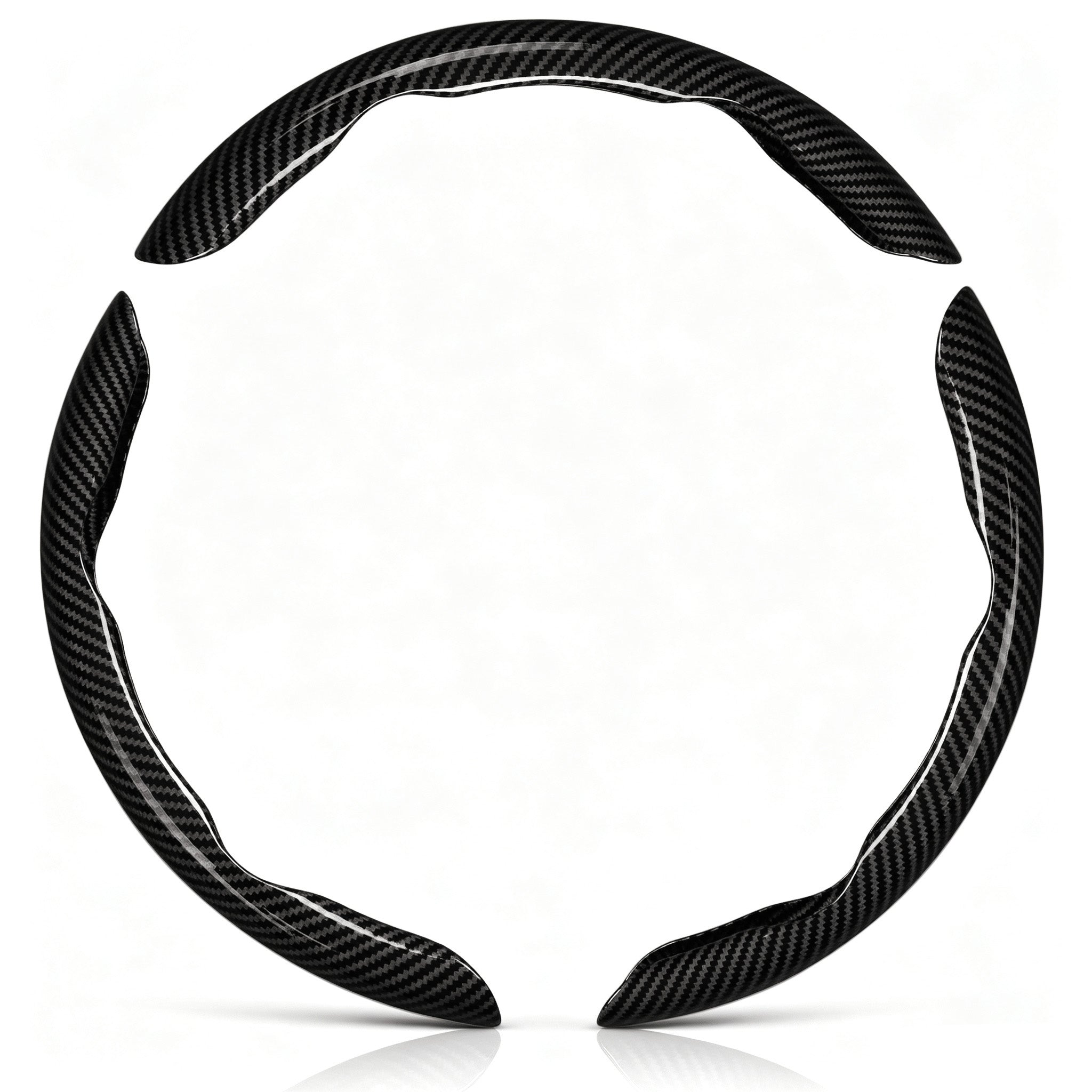 Front view of a glossy black carbon-fiber-style 3-piece steering wheel cover set for 14.5-15 Inch Wheels#color=glossy black