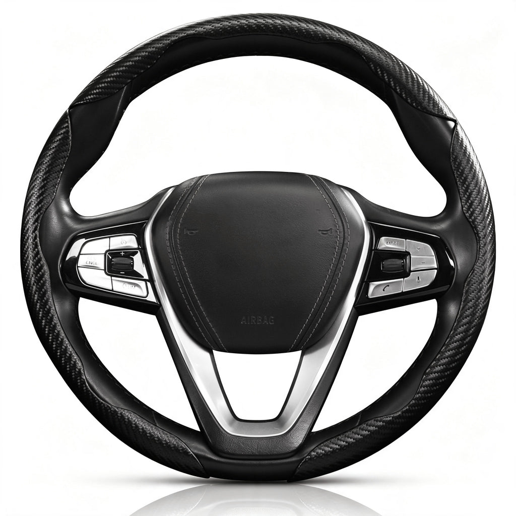 Front view of matte black carbon-fiber-style 3-piece steering wheel cover for 14.5-15 Inch Wheels#color=matte black