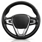 Front view of matte black carbon-fiber-style 3-piece steering wheel cover for 14.5-15 Inch Wheels#color=matte black