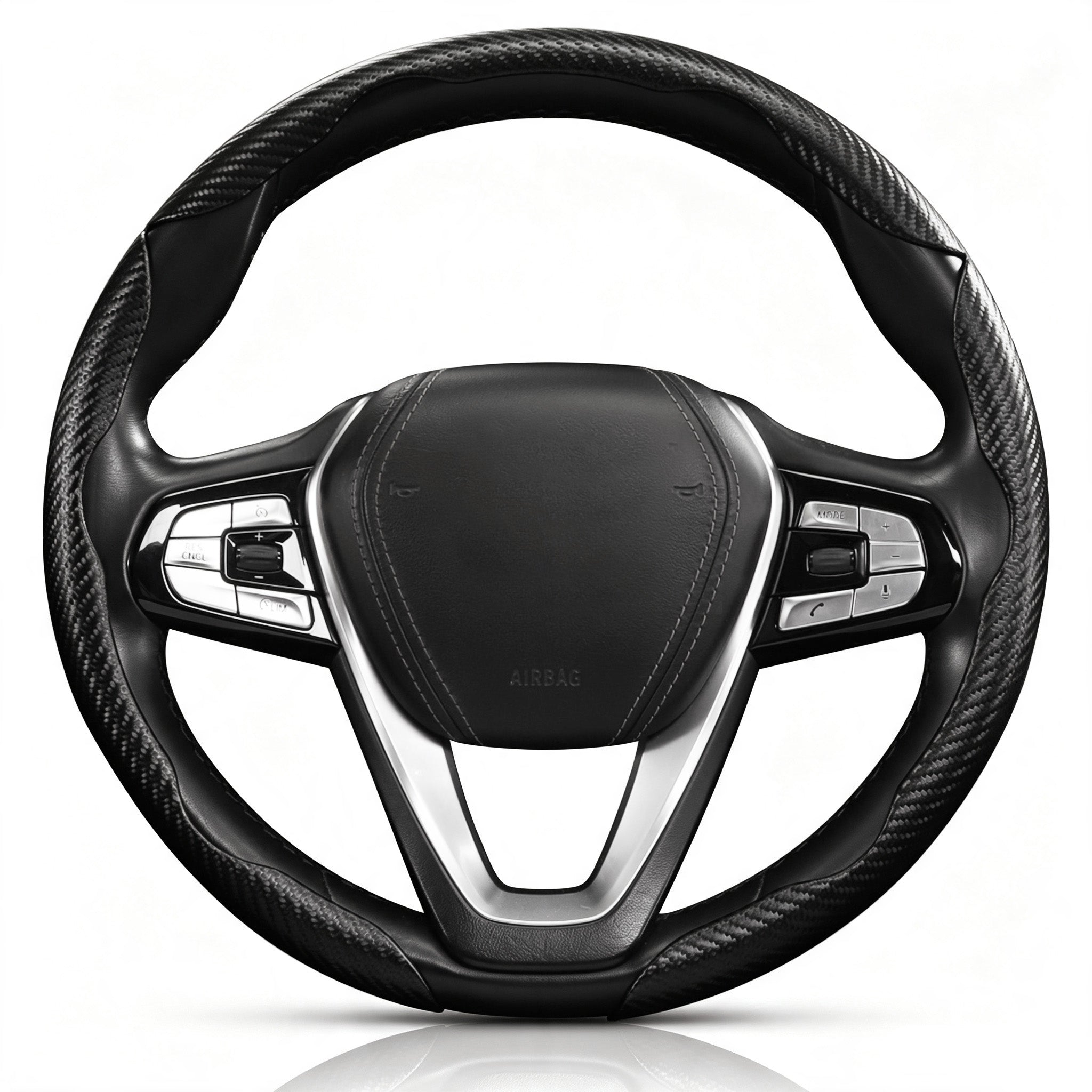 Front view of matte black carbon-fiber-style 3-piece steering wheel cover for 14.5-15 Inch Wheels#color=matte black