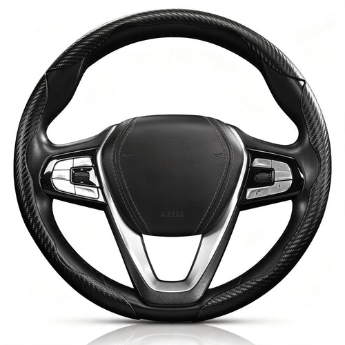Front view of matte black carbon-fiber-style 3-piece steering wheel cover for 14.5-15 Inch Wheels#color=matte black