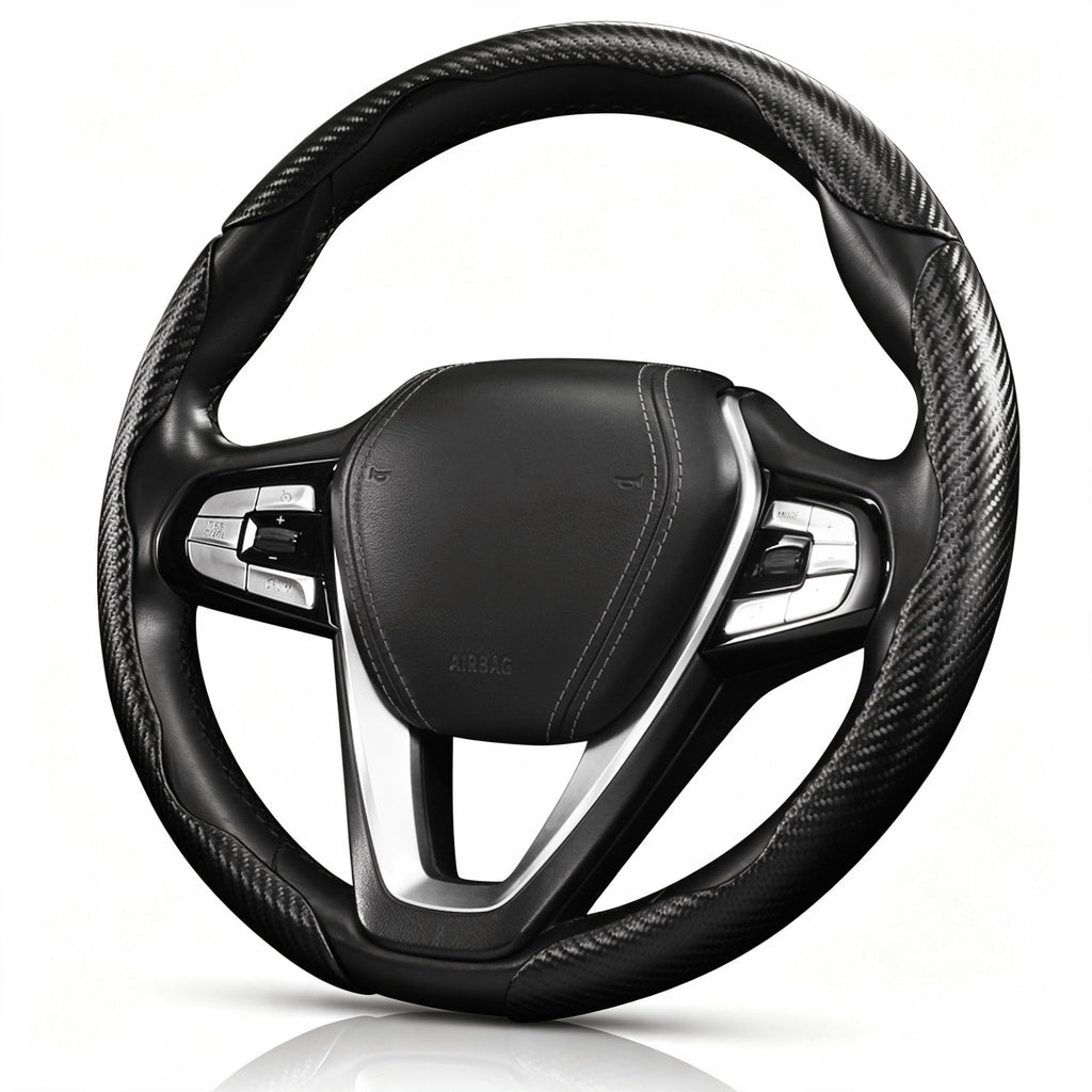 Angled front view of matte black carbon-fiber-style 3-piece steering wheel cover for 14.5-15 Inch Wheels#color=matte black