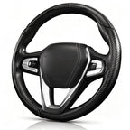 Angled front view of matte black carbon-fiber-style 3-piece steering wheel cover for 14.5-15 Inch Wheels#color=matte black