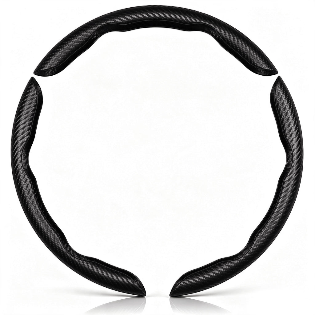 Front view of a matte black carbon-fiber-style 3-piece steering wheel cover set for 14.5-15 Inch Wheels#color=matte black