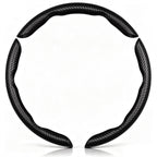 Front view of a matte black carbon-fiber-style 3-piece steering wheel cover set for 14.5-15 Inch Wheels#color=matte black