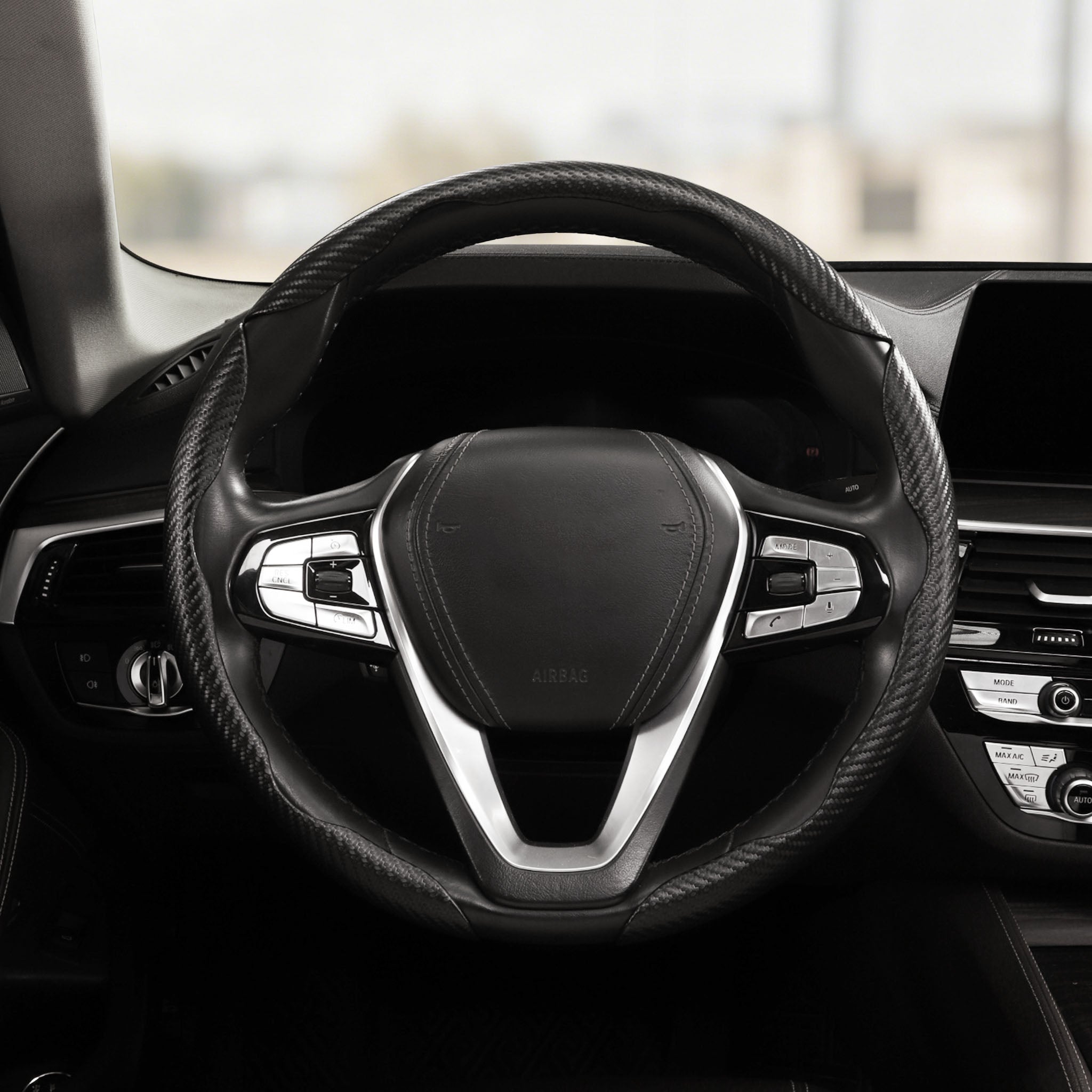 Front installed view of matte black carbon-fiber-style 3-piece steering wheel cover for 14.5-15 Inch Wheels