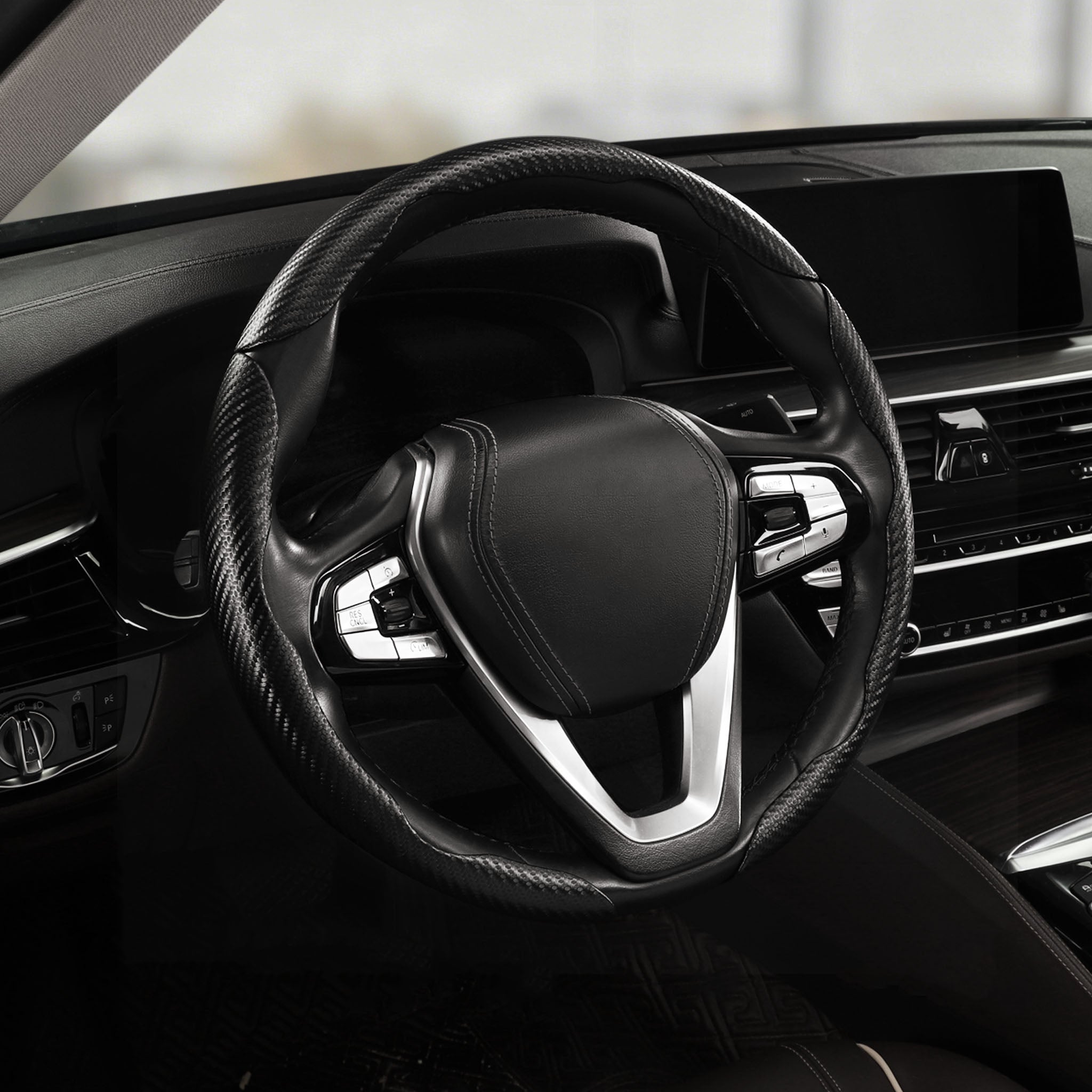 Cockpit view of matte black carbon-fiber-style 3-piece steering wheel cover for 14.5-15 Inch Wheels