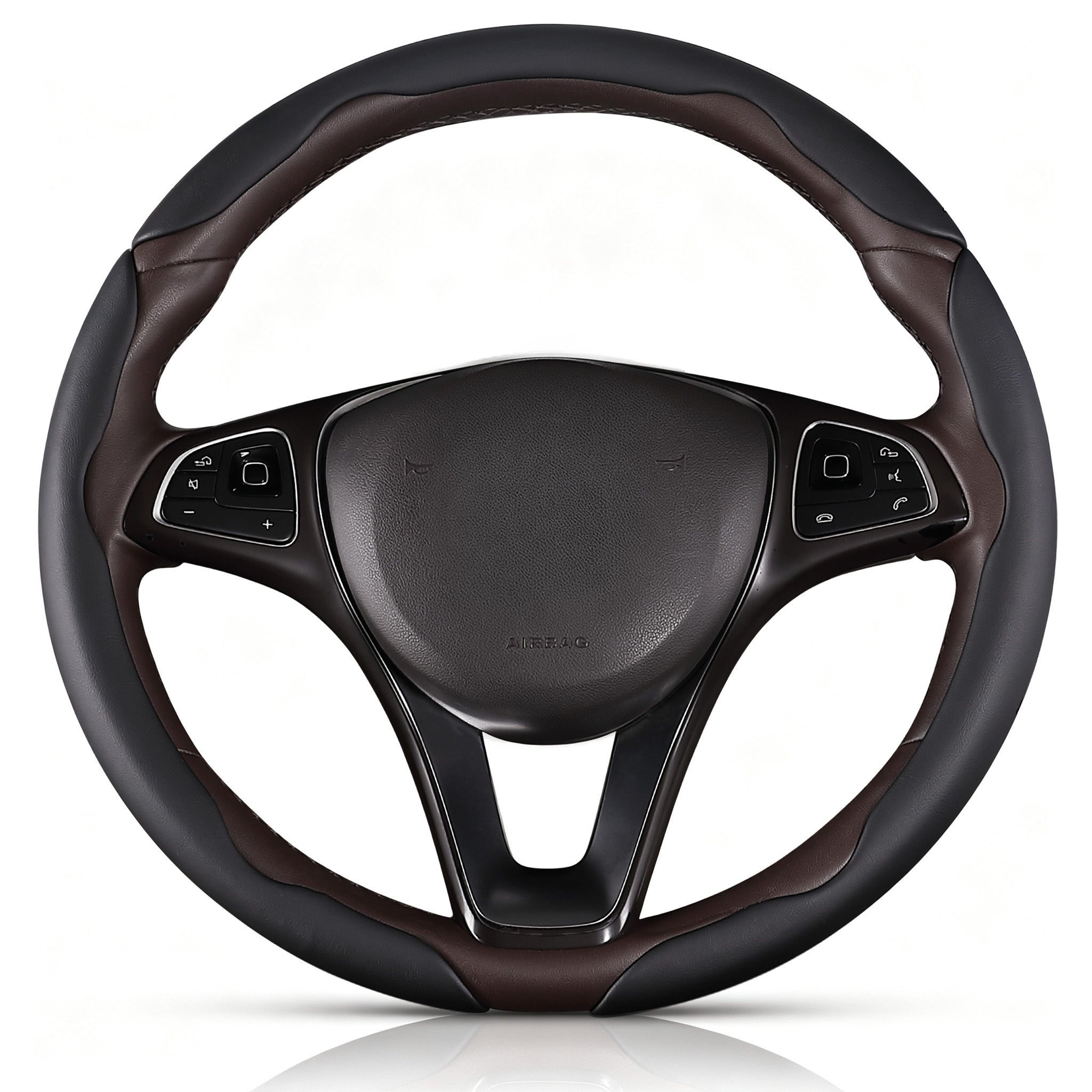 Front view of black leather 3-piece steering wheel cover for 14.5-15 Inch Wheels#color=black leather