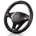 Angled front view of black leather 3-piece steering wheel cover for 14.5-15 Inch Wheels#color=black leather