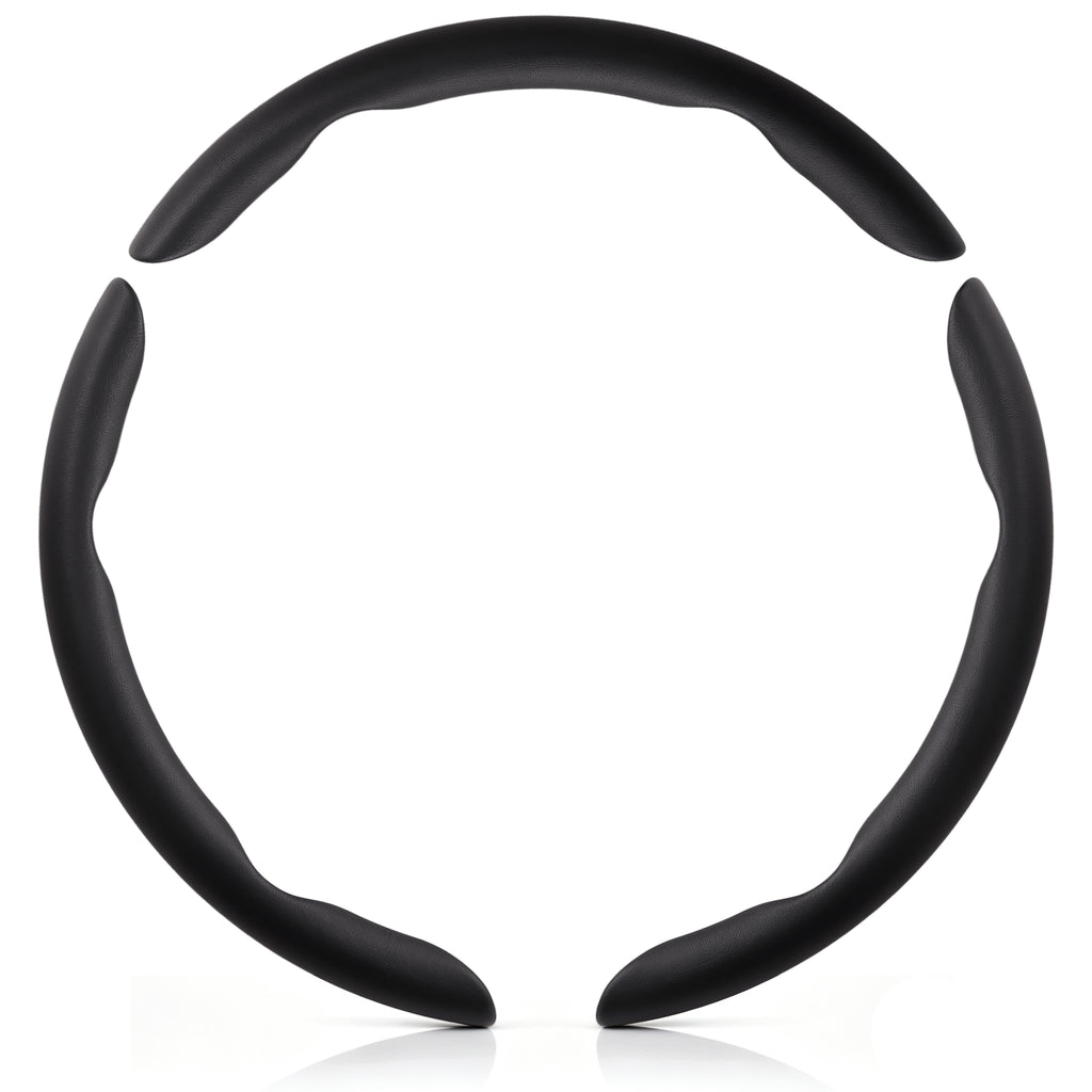Front view of a black leather 3-piece steering wheel cover set for 14.5-15 Inch Wheels#color=black leather