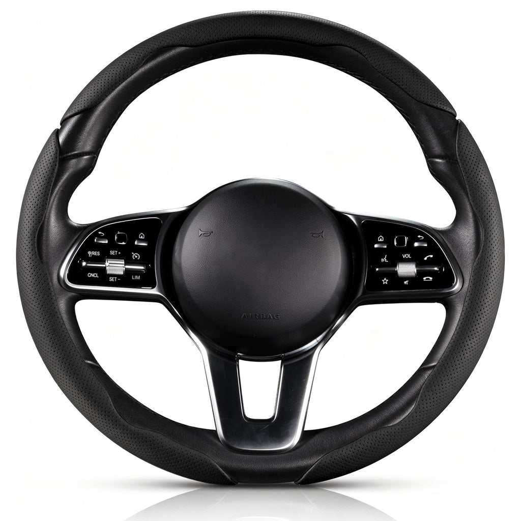 Front view of black perforated leather 3-piece steering wheel cover for 14.5-15 Inch Wheels#color=black perforated leather