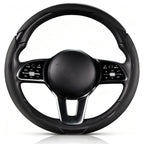 Front view of black perforated leather 3-piece steering wheel cover for 14.5-15 Inch Wheels#color=black perforated leather