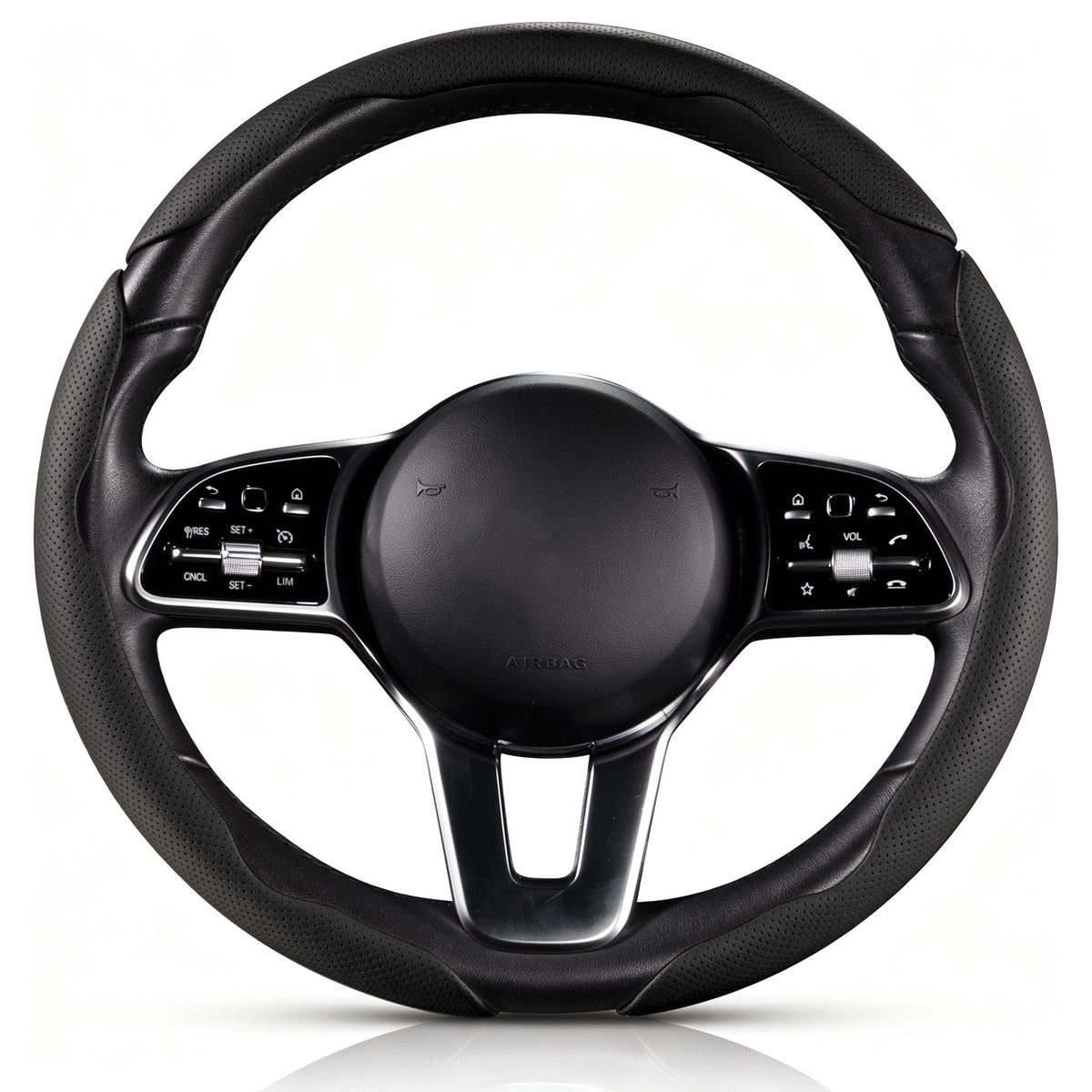 Front view of black perforated leather 3-piece steering wheel cover for 14.5-15 Inch Wheels#color=black perforated leather