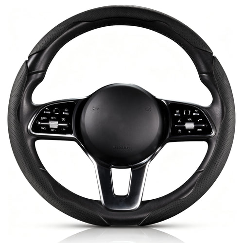 Front view of black perforated leather 3-piece steering wheel cover for 14.5-15 Inch Wheels#color=black perforated leather