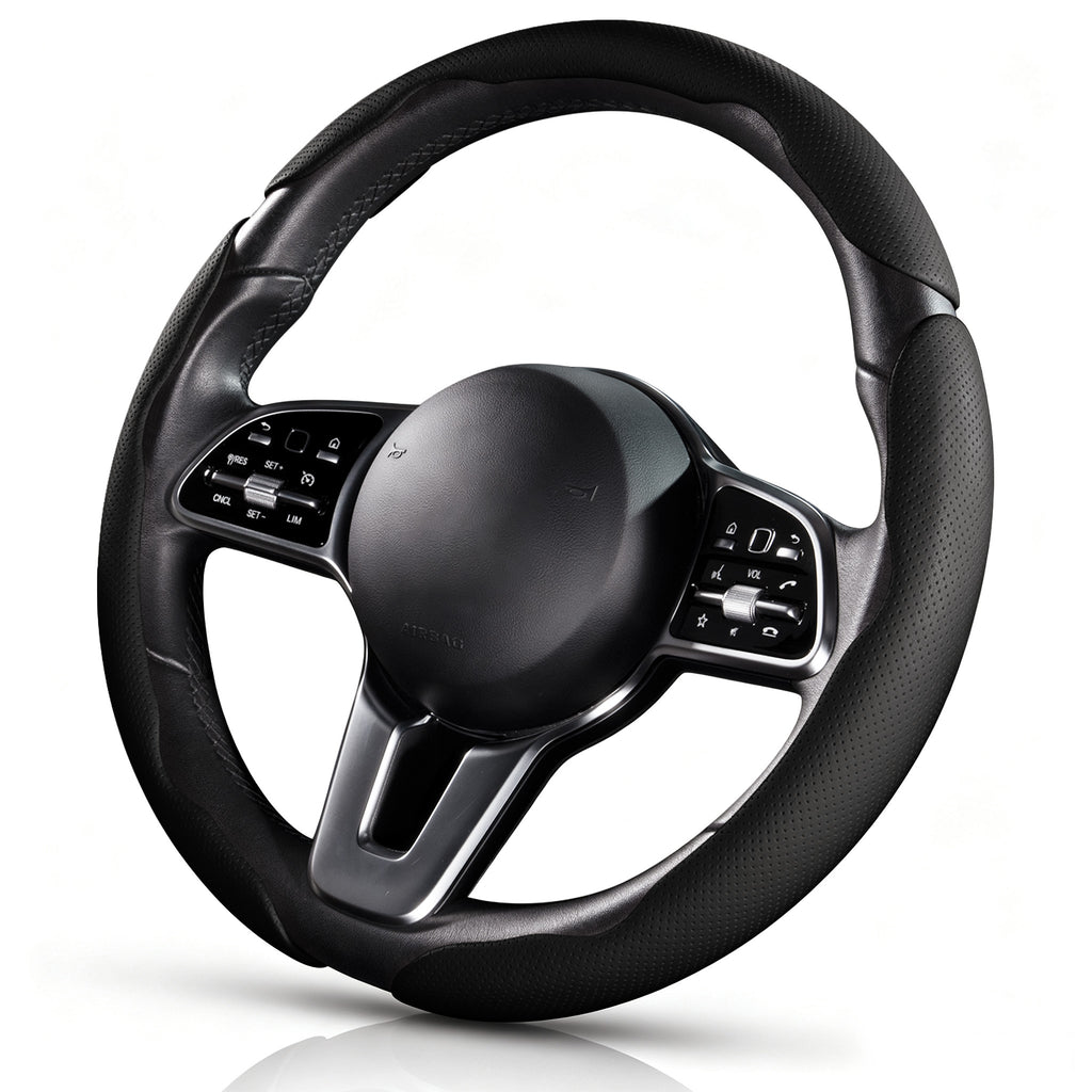 Angled front view of black perforated leather 3-piece steering wheel cover for 14.5-15 Inch Wheels#color=black perforated leather