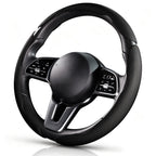 Angled front view of black perforated leather 3-piece steering wheel cover for 14.5-15 Inch Wheels#color=black perforated leather