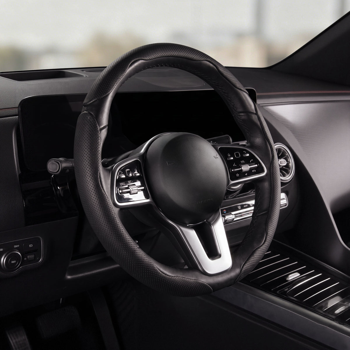 Cockpit view of black perforated leather 3-piece steering wheel cover for 14.5-15 Inch Wheels