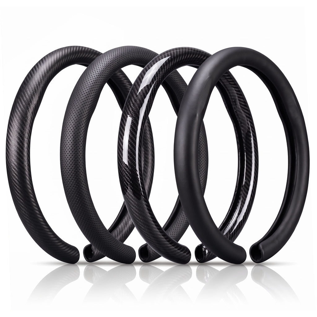 Close-up comparison of matte black carbon-fiber-style and black carbon-fiber-style steering wheel cover finishes for 14.5-15 Inch Wheels#color=black