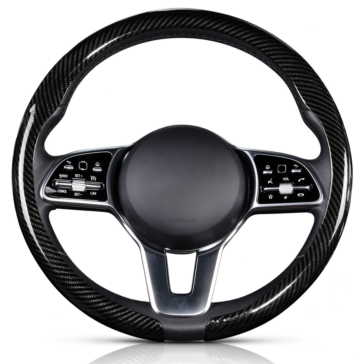 Front view of glossy black carbon-fiber-style steering wheel cover for 14.5-15 Inch Wheels#color=glossy black